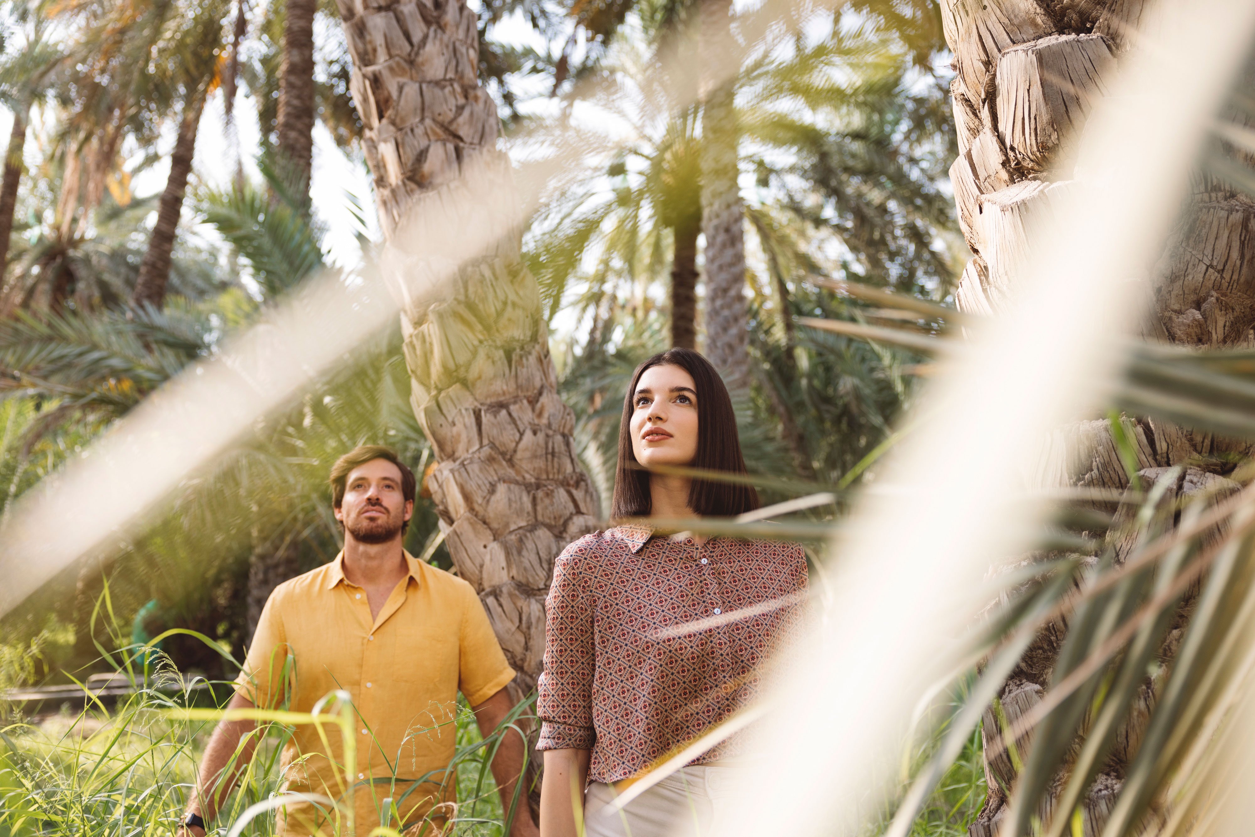 Two people walking through lush palm groves in Abu Dhabi, surrounded by greenery and natural light.